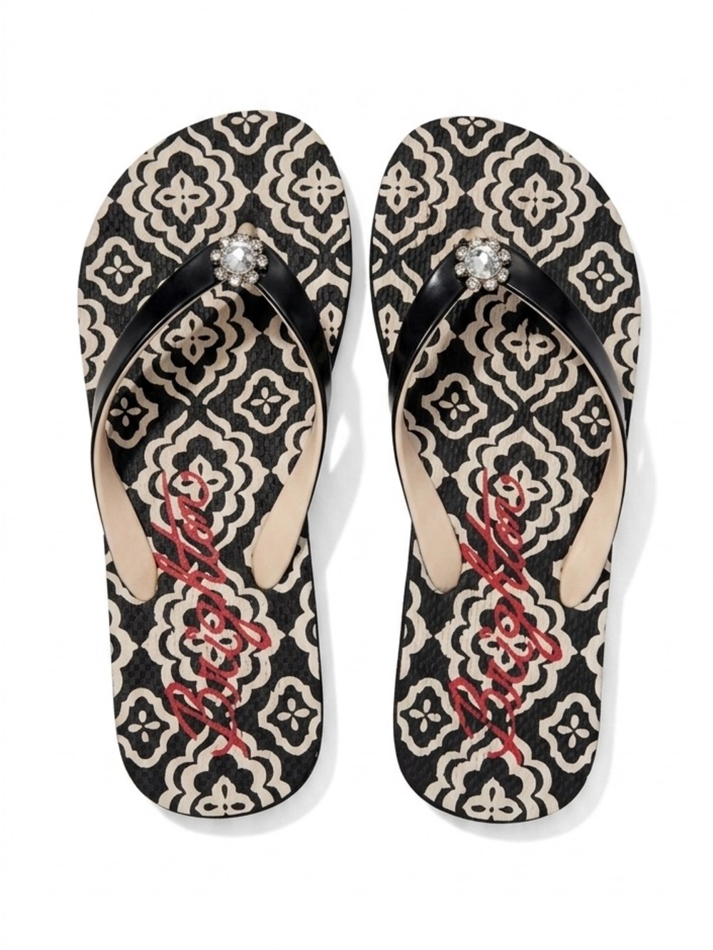 Brighton Black and White Cream Patterned Flip Flops with Jewel Accent